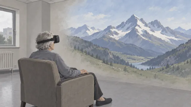 Illustration de Trav’Life : une résidente équipée d’un casque VR face à un paysage de montagne